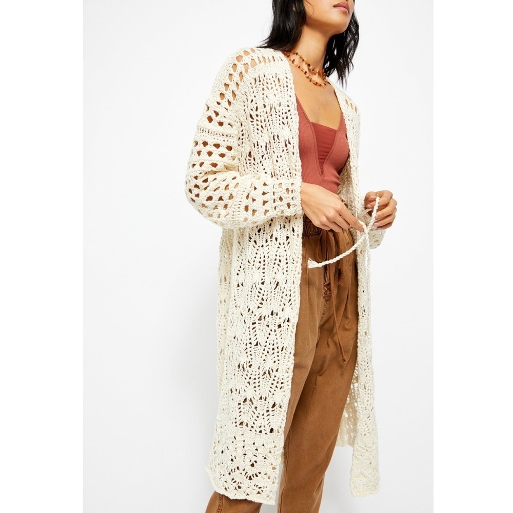 Free People‎ Sweet Talker Crochet Longline Hooded Cardigan, Beige - Size XS